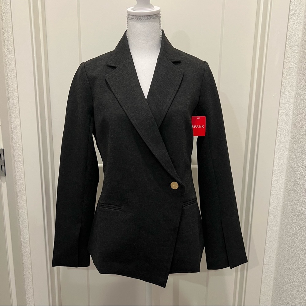 Spanx Perfect Asymmetrical Tailored Blazer Charcoal Heather Ponte Sz Small NWT